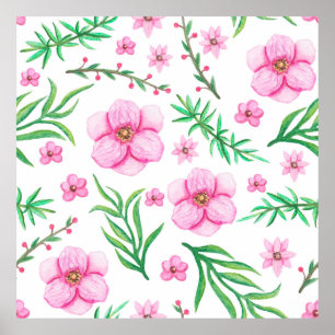 Watercolor Light Pink Flowers, Little Berries and Poster