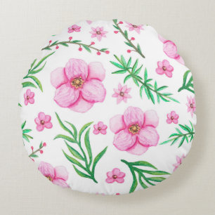 Watercolor Light Pink Flowers, Little Berries and Round Cushion