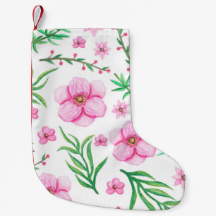 Watercolor Light Pink Flowers, Little Berries and Small Christmas Stocking
