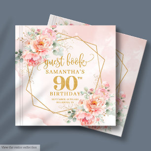 Watercolor light pink gold peonies 90th guest book