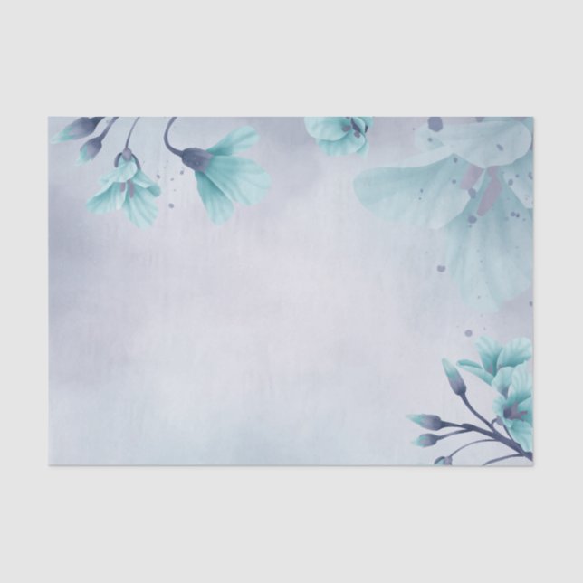 Watercolor Light Teal Blue Flower Floral Decoupage Tissue Paper (Front)
