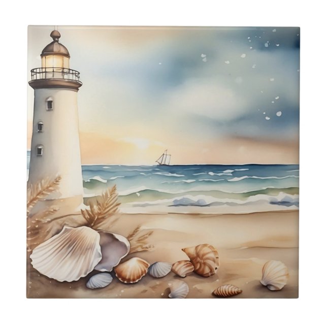 Watercolor Lighthouse and Beach Ceramic Tile (Front)