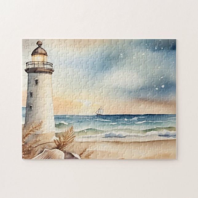 Watercolor Lighthouse and Beach Jigsaw Puzzle (Horizontal)