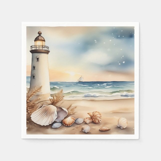 Watercolor Lighthouse and Beach Napkin (Front)