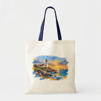 Watercolor Lighthouse at Sunset – Coastal Seascape Tote Bag