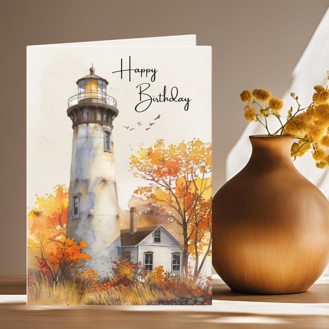 Watercolor Lighthouse Autumn Leaves Birthday Card (Creator Uploaded)