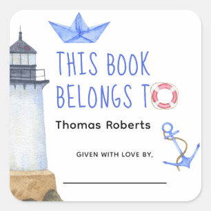Watercolor lighthouse - baby shower bookplate square sticker