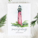 Watercolor Lighthouse Beach Christmas Card<br><div class="desc">This nautical holiday card was designed using my original hand painted watercolor Jupiter, Florida lighthouse with a garland of greenery and red berries on a crisp white background. The words Seas and Greetings are set in a modern brush script typography. Personalise however you like. This coastal style Christmas card reverses...</div>
