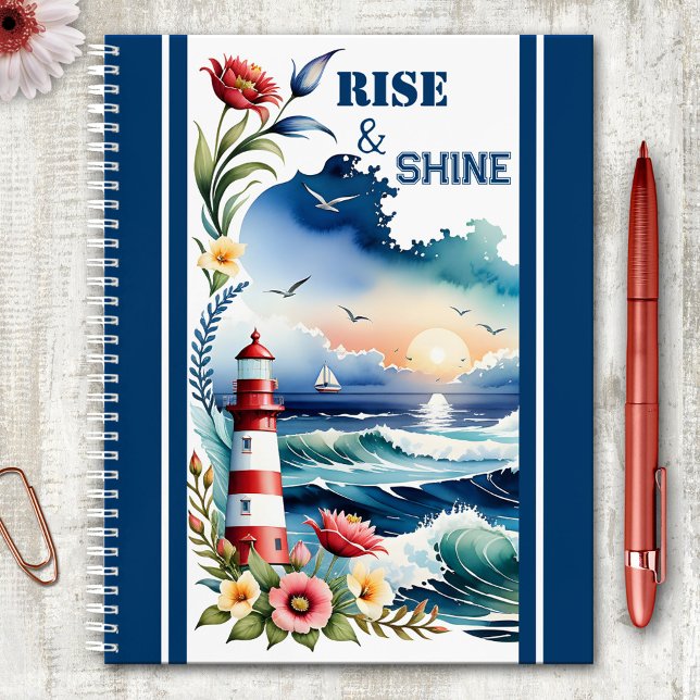 Watercolor Lighthouse Beach Nautical  Notebook (Nautical notebook featuring a watercolor painting of a lighthouse with colorful flowers at sunrise)