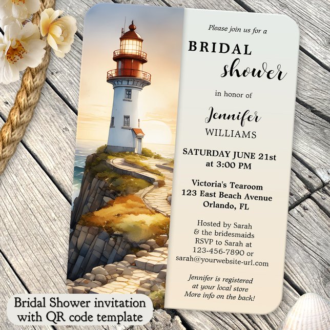 Watercolor Lighthouse Coastal Bridal Shower Invitation (Coastal bridal shower invitation featuring a watercolor painting of a lighthouse at sunset - QR code)