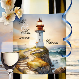 Watercolor Lighthouse Elegant Wedding Wine Label