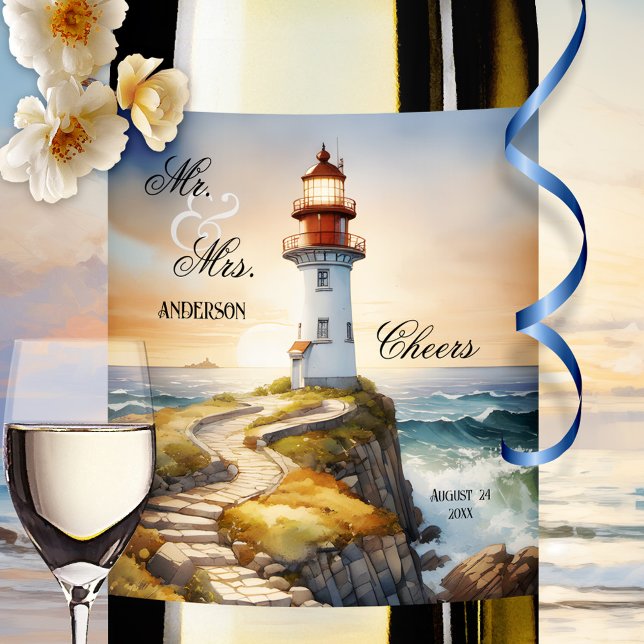 Watercolor Lighthouse Elegant Wedding Wine Label (Romantic wine label featuring a watercolor painting of a lighthouse at sunset - wedding - nautical)