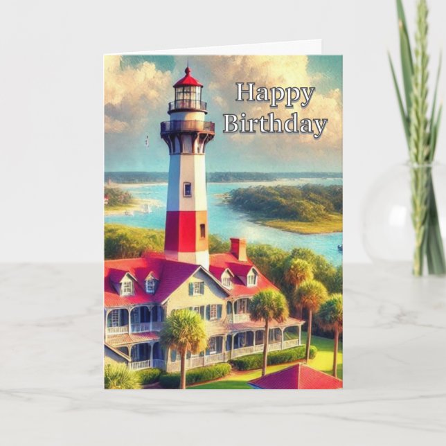 Watercolor Lighthouse Happy Birthday Greeting  Card (Front)