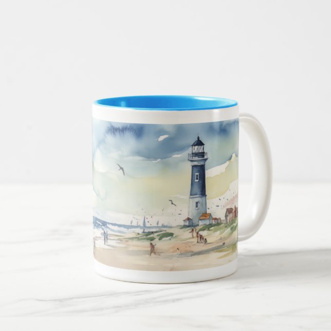 Watercolor Lighthouse in Summer Two-Tone Coffee Mug (Front Right)