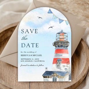Watercolor Lighthouse Nautical Arch Photo Wedding Save The Date