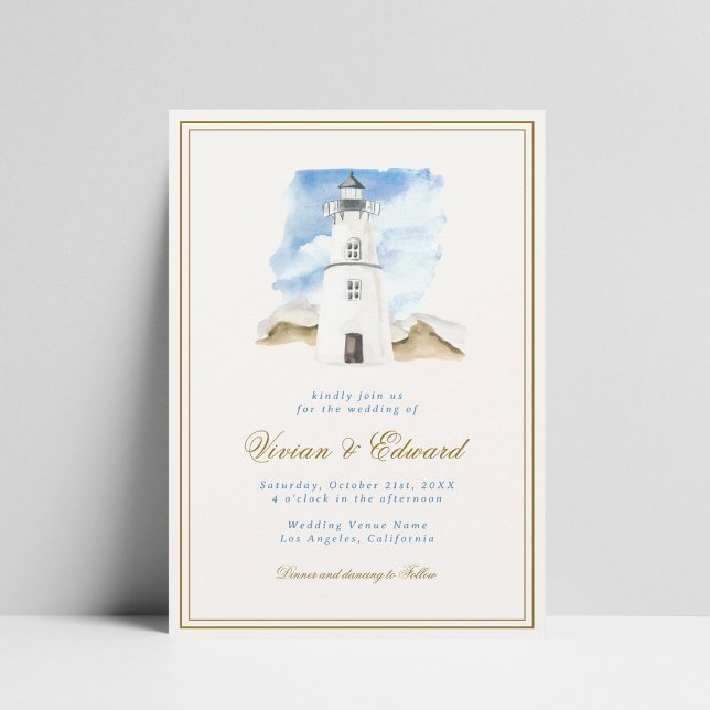 Watercolor Lighthouse Nautical Coastal Wedding Invitation (Creator Uploaded)
