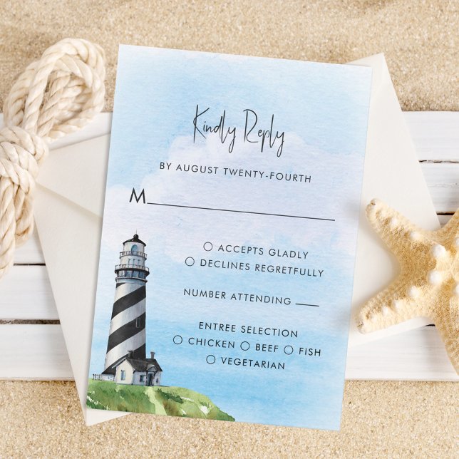 Watercolor Lighthouse Nautical Meal Choice Wedding RSVP Card (Creator Uploaded)