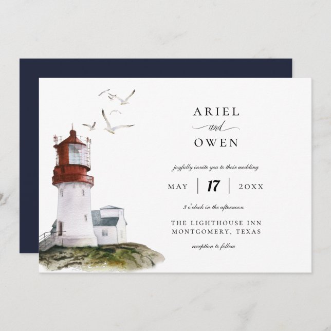 Watercolor Lighthouse Nautical Theme Wedding Invitation (Front/Back)