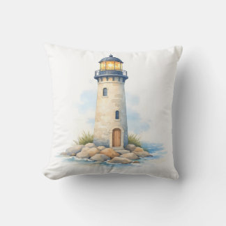 Watercolor Lighthouse on the Rocks Cushion