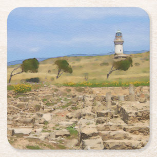 Watercolor lighthouse square paper coaster