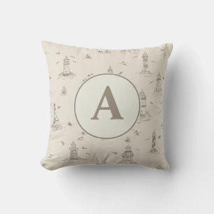 Watercolor Lighthouse Toile Nursery Monogram Cushion