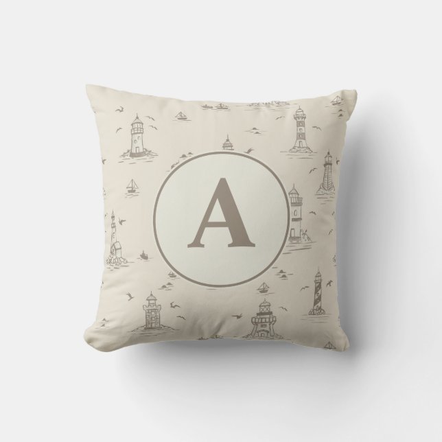 Watercolor Lighthouse Toile Nursery | Monogram Cushion (Front)