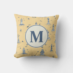 Watercolor Lighthouse Toile Nursery Monogram Cushion