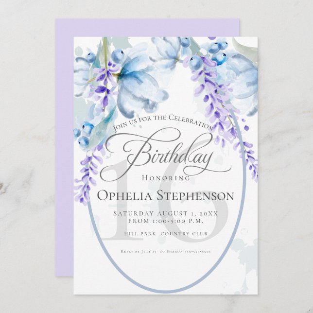Watercolor Lilac-Dusty Blue Milestone Birthday Invitation (Front/Back)