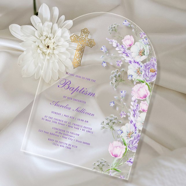 Watercolor Lilac Flowers Arch Baptism Acrylic Invitations (Creator Uploaded)