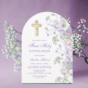 Watercolor Lilac Flowers Arch First Communion Invitation