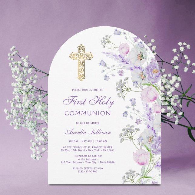 Watercolor Lilac Flowers Arch First Communion Invitation (Creator Uploaded)