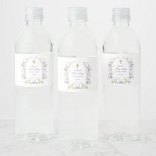 Watercolor Lilac Flowers Arch First Communion Water Bottle Label