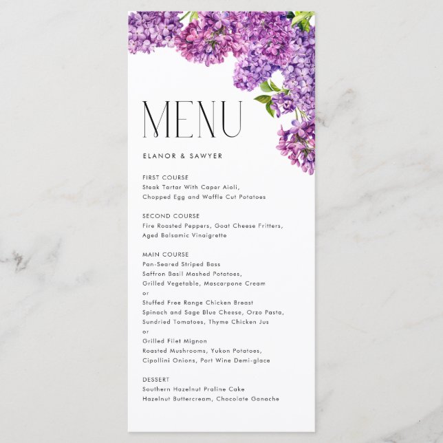 Watercolor Lilac Flowers Botanical Wedding Menu (Front)