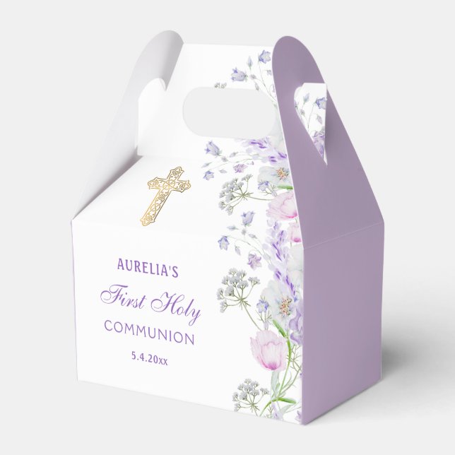 Watercolor Lilac Flowers First Communion Gable Favour Box (Front Side)