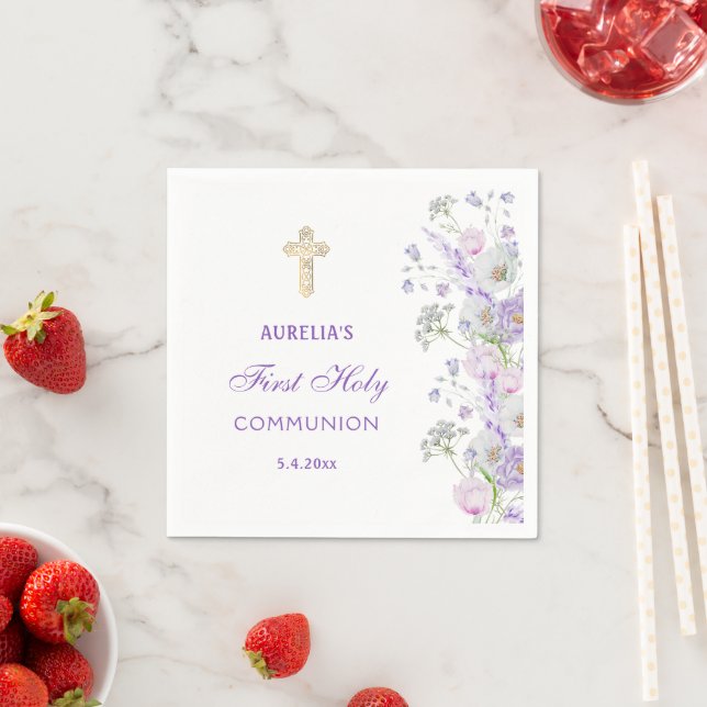 Watercolor Lilac Flowers First Communion Napkin (Insitu)