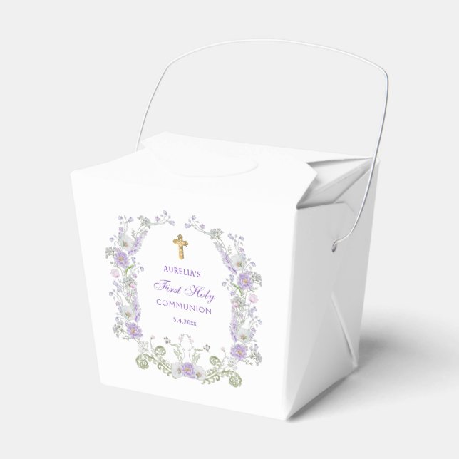 Watercolor Lilac Flowers First Communion Take Out Favour Box (Front Side)