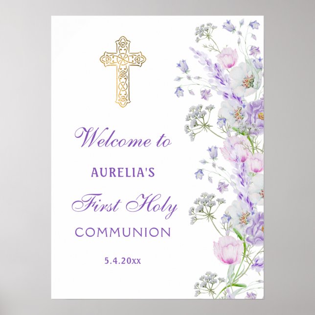 Watercolor Lilac Flowers First Communion Welcome Poster (Front)