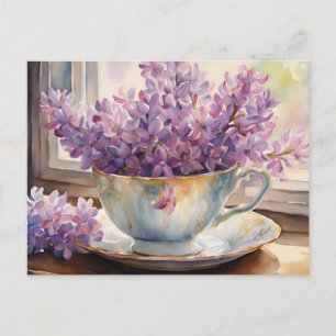 Watercolor Lilac Flowers in a Vintage Teacup Postcard