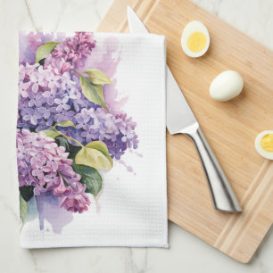 Watercolor Lilac Garden Flower Bouquet Floral Tea Towel
