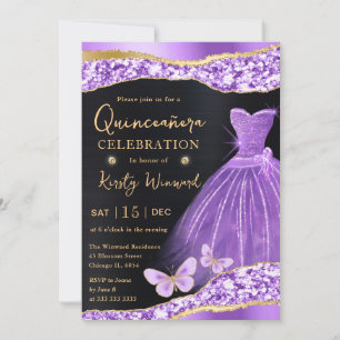 Watercolor Lilac Gold Glitter Dress Quinceanera Invitation