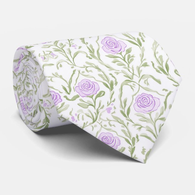 Watercolor lilac roses pattern neck tie (Rolled)