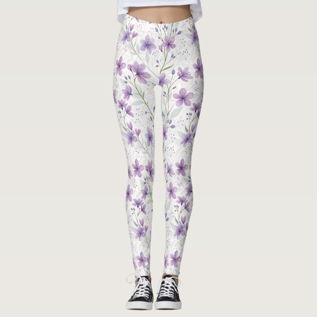 Watercolor Lilac Wildflower Pattern Leggings (Front)