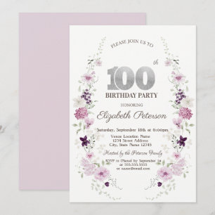 Watercolor Lilac Wildflowers 100th Birthday   Invitation