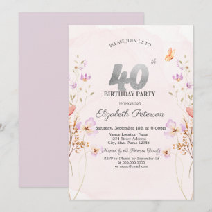 Watercolor Lilac Wildflowers Purple 40th Birthday Invitation