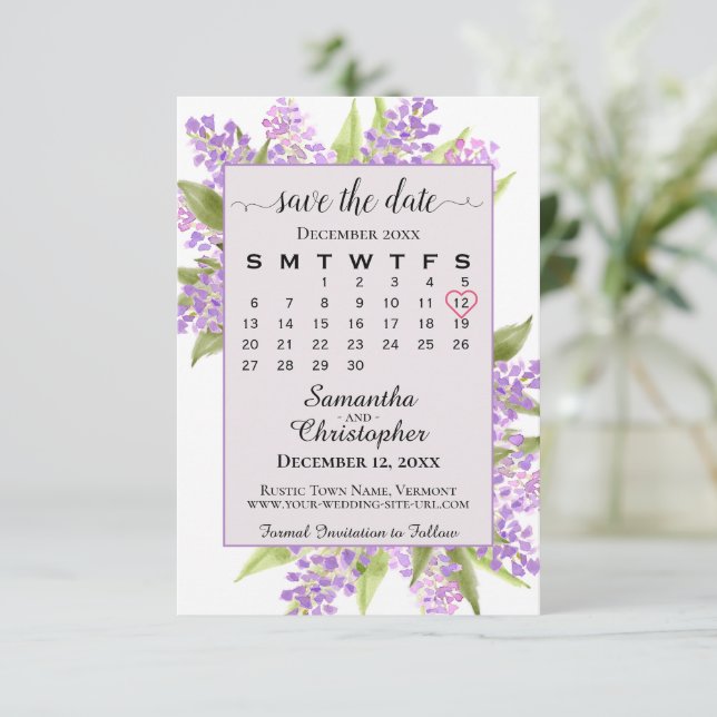 Watercolor Lilacs & Calendar Lavender Boho Wedding Save The Date (Standing Front)