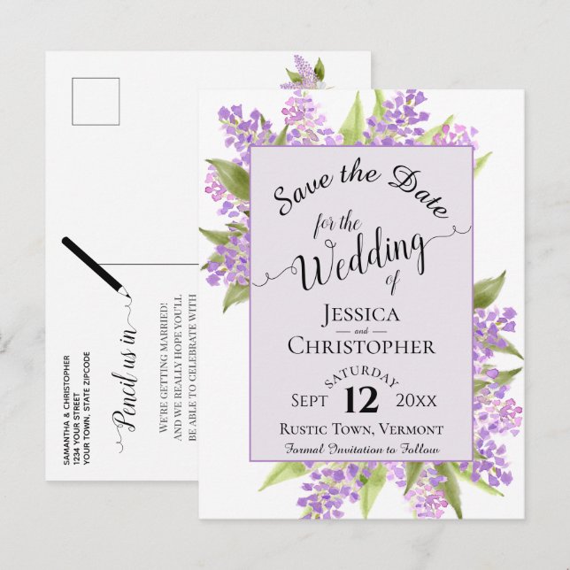 Watercolor Lilacs Wedding Save the Date Lavender Announcement Postcard (Front/Back)