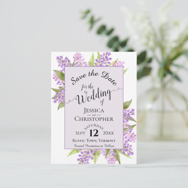 Watercolor Lilacs Wedding Save the Date Lavender Announcement Postcard (Standing Front)