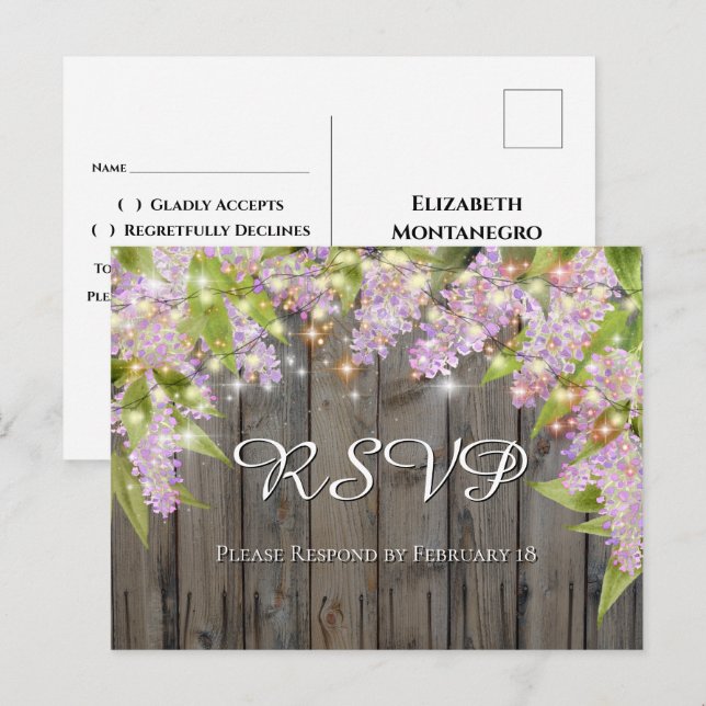 Watercolor Lilacs With Wood & Lights Wedding RSVP Postcard (Front/Back)