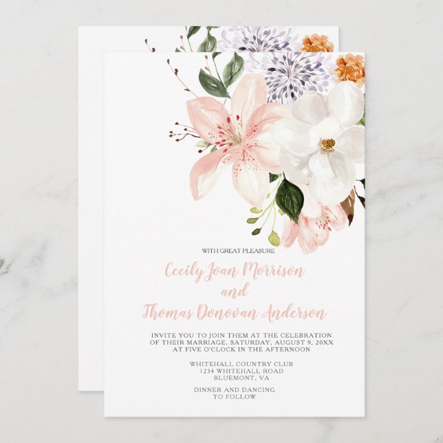 Watercolor Lilies, Peonies, Magnolias Invitation (Front/Back)