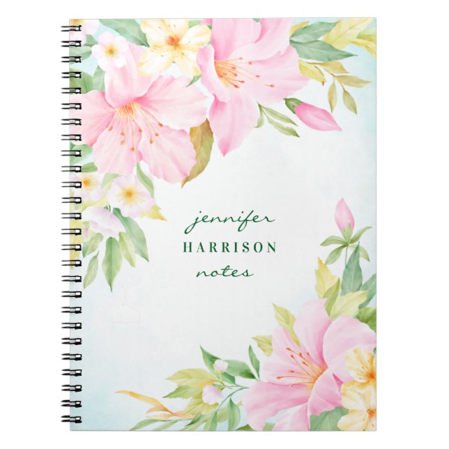 Watercolor Lily Bouquet Pink Turquoise Floral Notebook (Front)